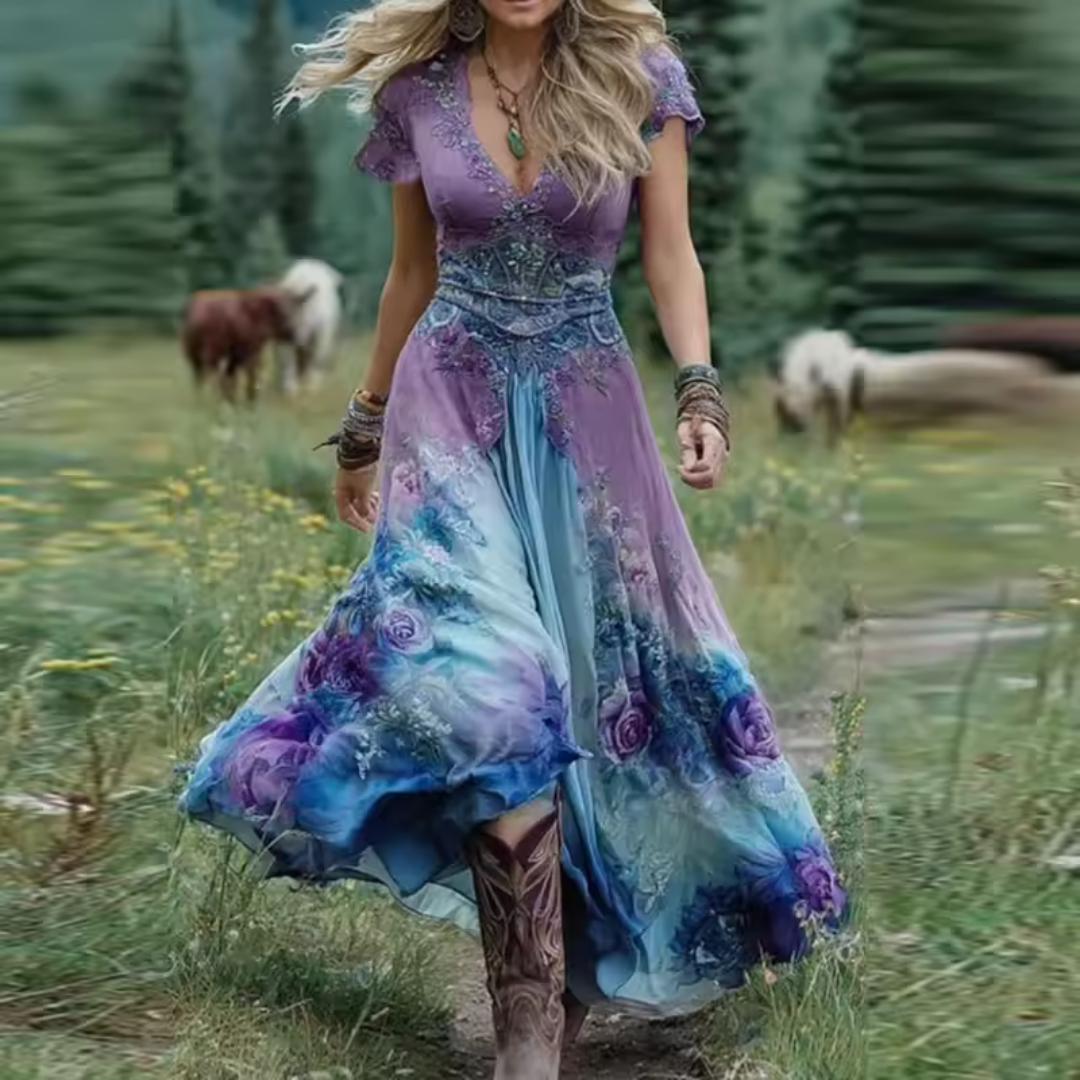 Evelinne | Zwiewna sukienka w kwiatowe wzory szyta na miarę