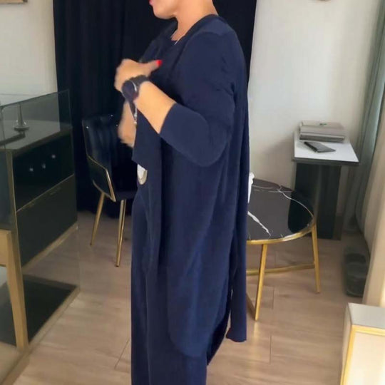 Elegancki zestaw 3-częściowy obejmujący długi kardigan, top i spodnie 🔥 DARMOWA DOSTAWA