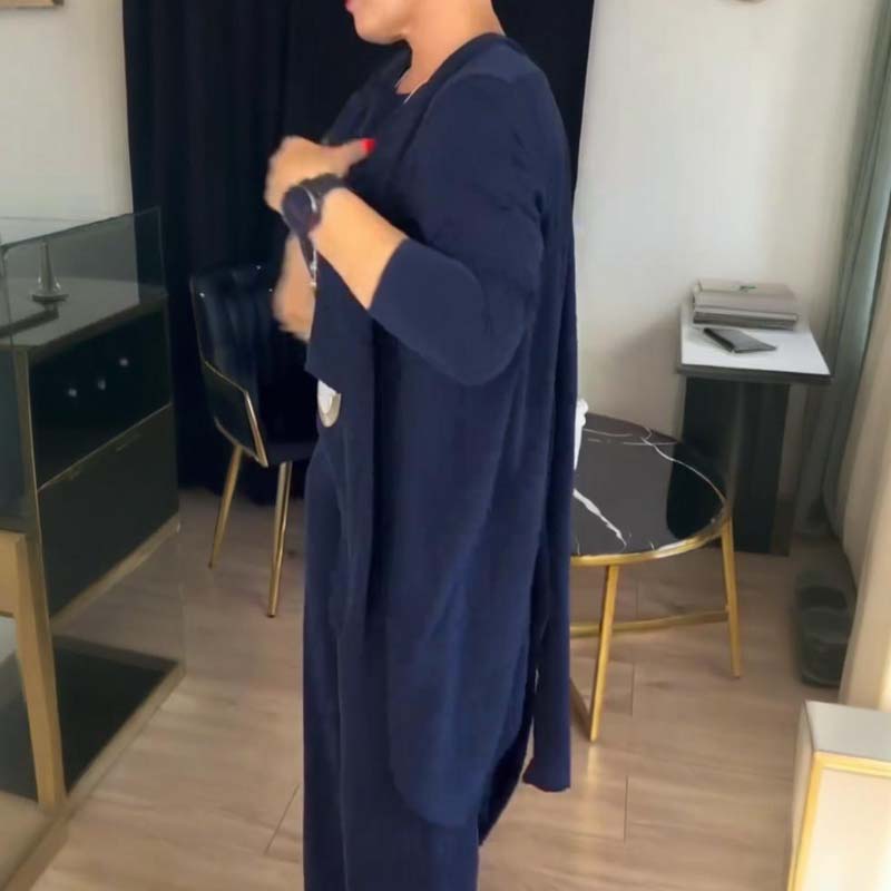 Elegancki zestaw 3-częściowy składający się z długiego kardiganu, topu i spodni - DOSTAWA GRATIS